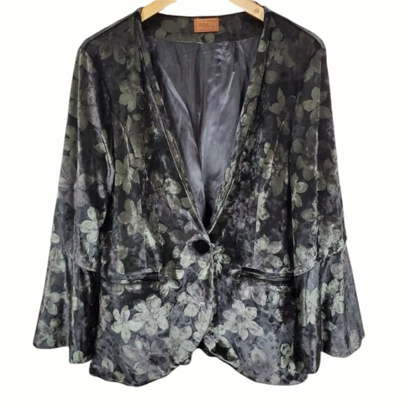 POL Black Green Velvet Floral Shawl Collar Bell Sleeve Single Button Blazer SZ M - Picture 1 of 13
